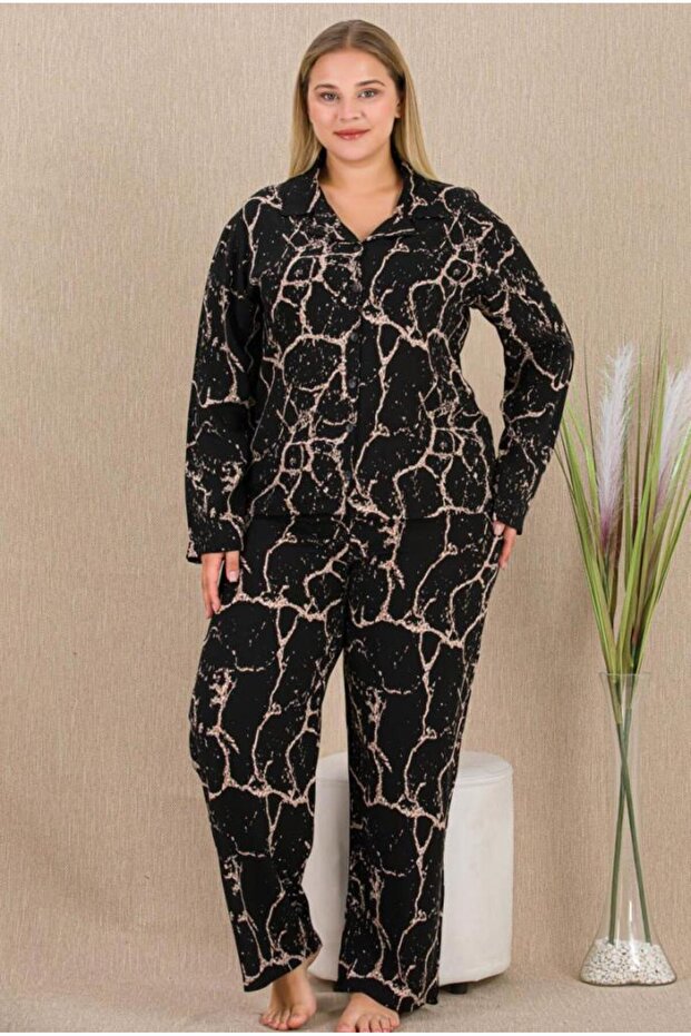 Black Patterned Button-Front Plus Size Pajama Set - 2