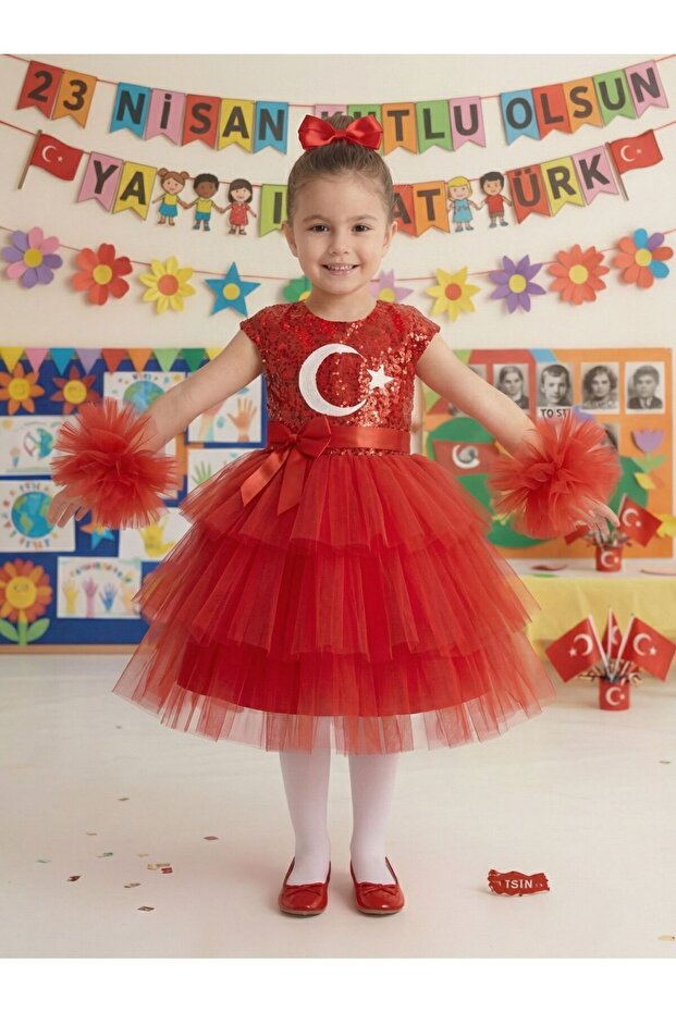 April 23Rd and October 19Th Eid Buckled Pompom Sleeves Show Outfit Girl Dress