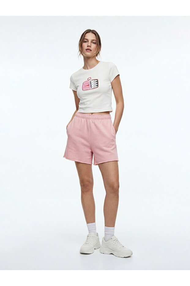 Rahat Kesim Kısa Esnek Örme Pembe Şort - 1
