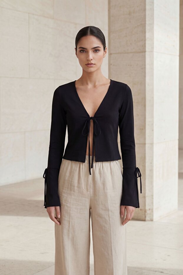 My Fashion V-Neck Linen Short Shirt with Tie Detail