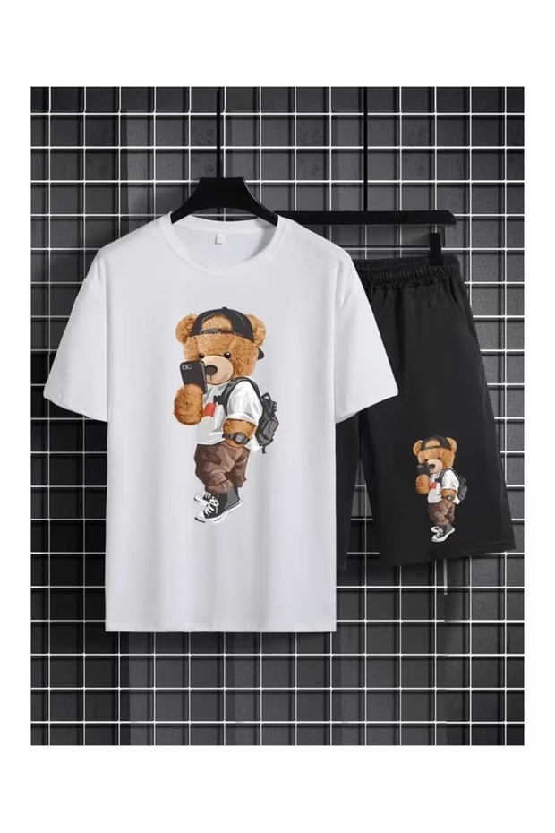 Unisex Bear Printed Oversized Short Sleeve T-Shirt Shorts 2-Piece Bottom Top Set