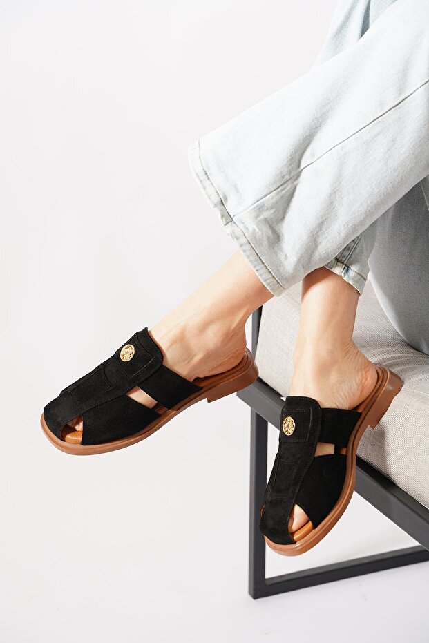 Yesrat Genuine Leather caged Buckled women Slipper black Suede