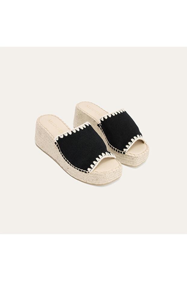 Women's Black Wedge Heeled Leather Slippers