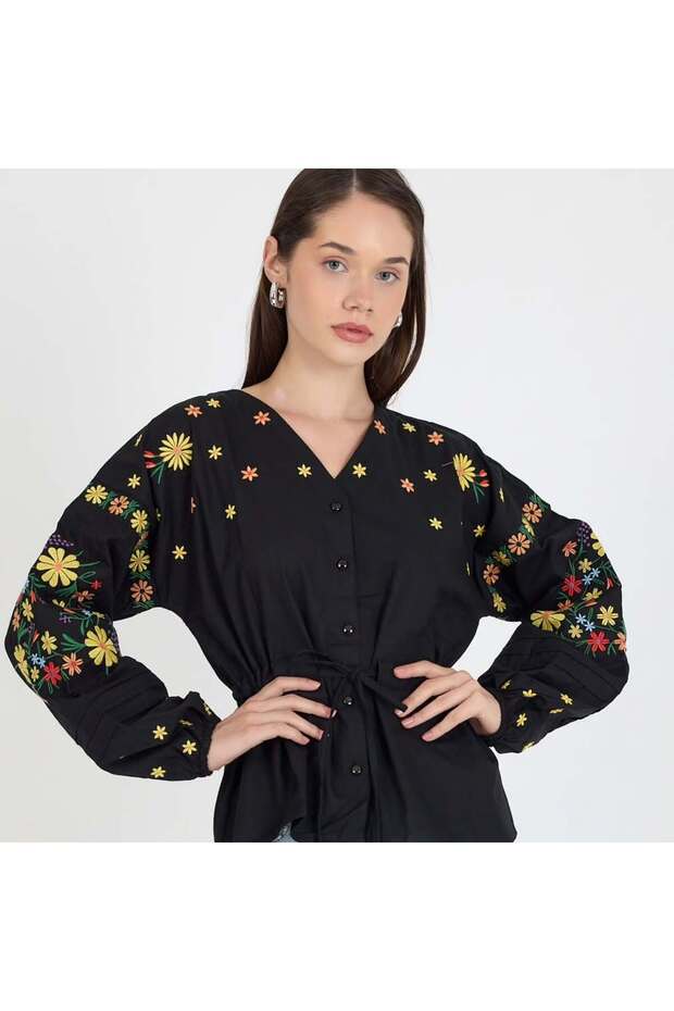 Floral Embroidered V-Neck Buttoned Linen Shirt with Tie Detail