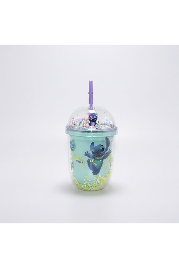 500ml Stitch Figured Foam Bottle with Straw, Beaded Cups, Purple Color, Transparent Lid, Children's Water Bottle