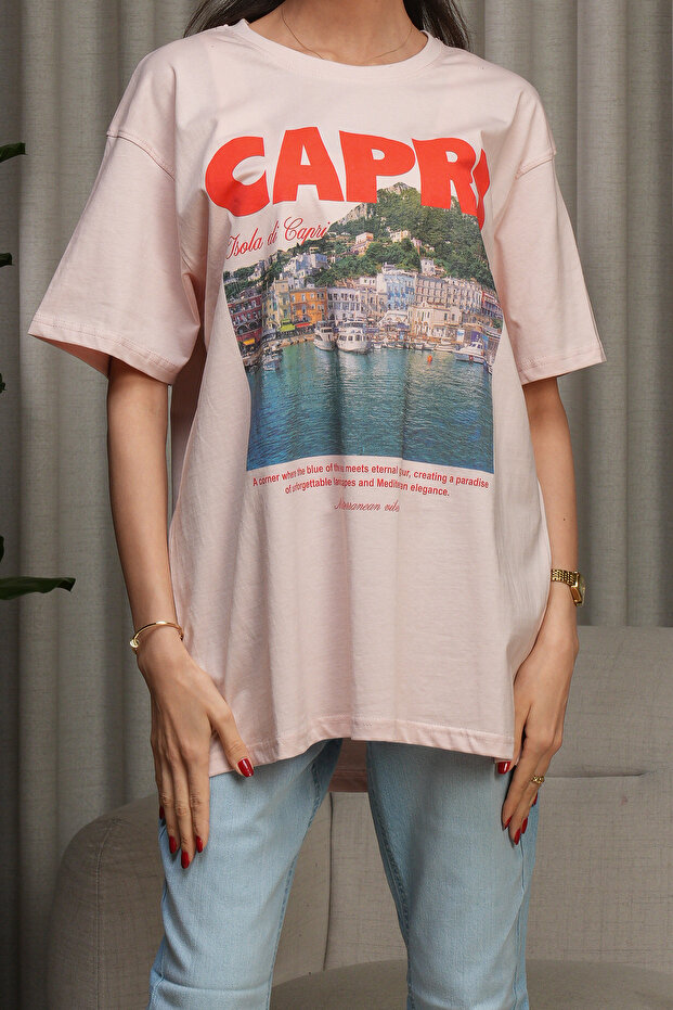 Printed 100% Cotton home t-shirt - light pink.