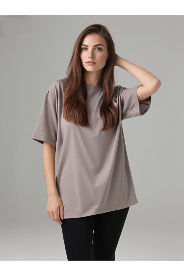 Women's Oversized Fit Round Neck Modal Basic T-Shirt T-Shirt Beige