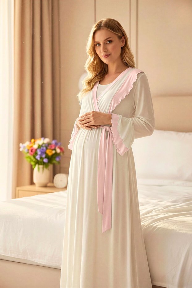 Women's Powder Shawl Collar Summer Short Sleeve Special Design 100% Cotton Maternity Dressing Gown Nightgown Set