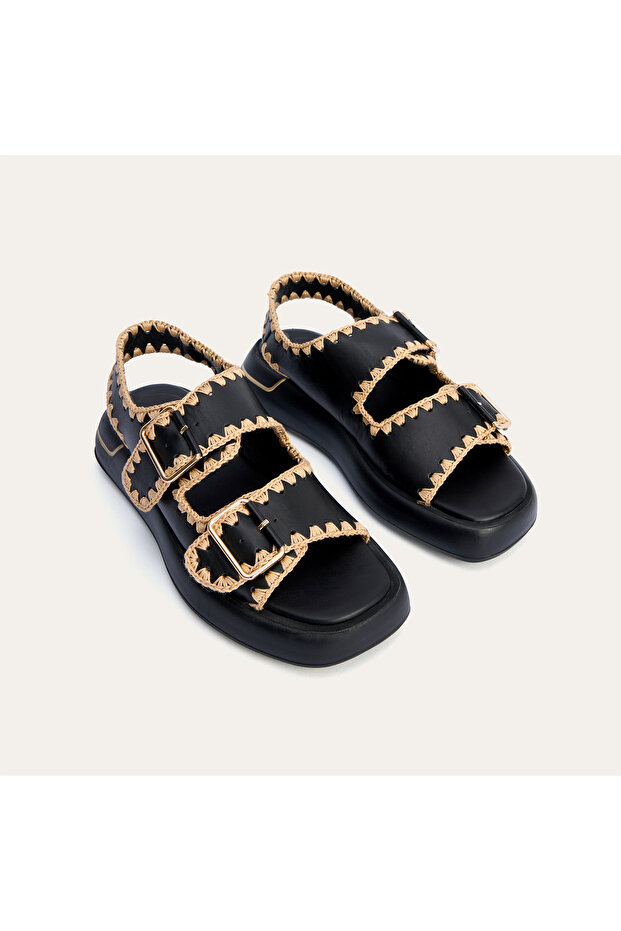 Women's Black Leather Sandals with Mesh Detail
