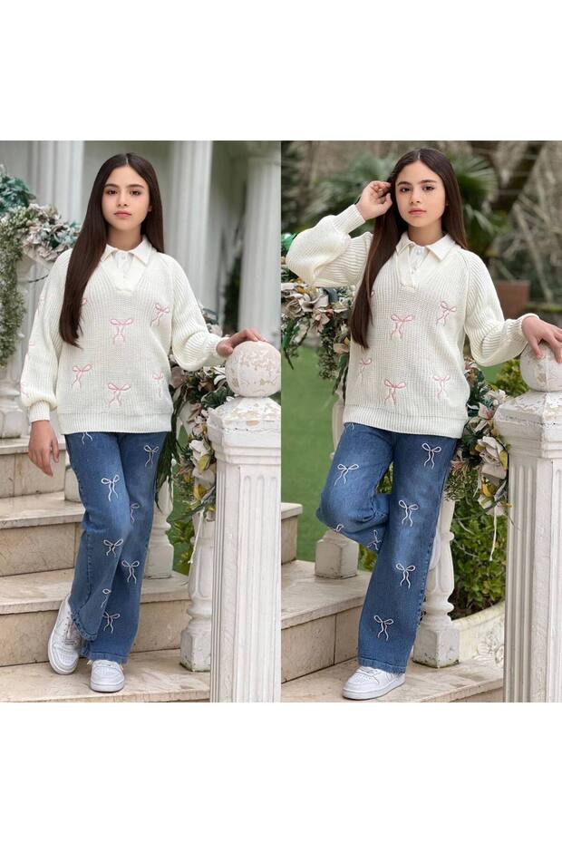 Girl's Embroidered Knitwear g Shirt Collar Is a Two-Piece Set of Sweater and Embroidered Jean Pants for the Holidays.