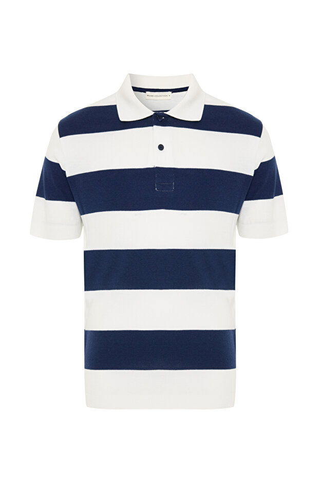 Men's Navy Blue Striped Polo Collar Short Sleeve Sweater