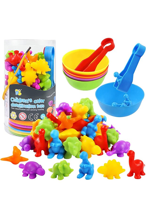 Counting Dinosaur Sorting Toy Set, 48pcs Montessori Sensory Matching with Bowls & Tweezers