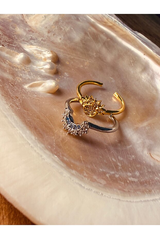 Sun and Moon Symbol Double Steel Ring - Gold Silver
