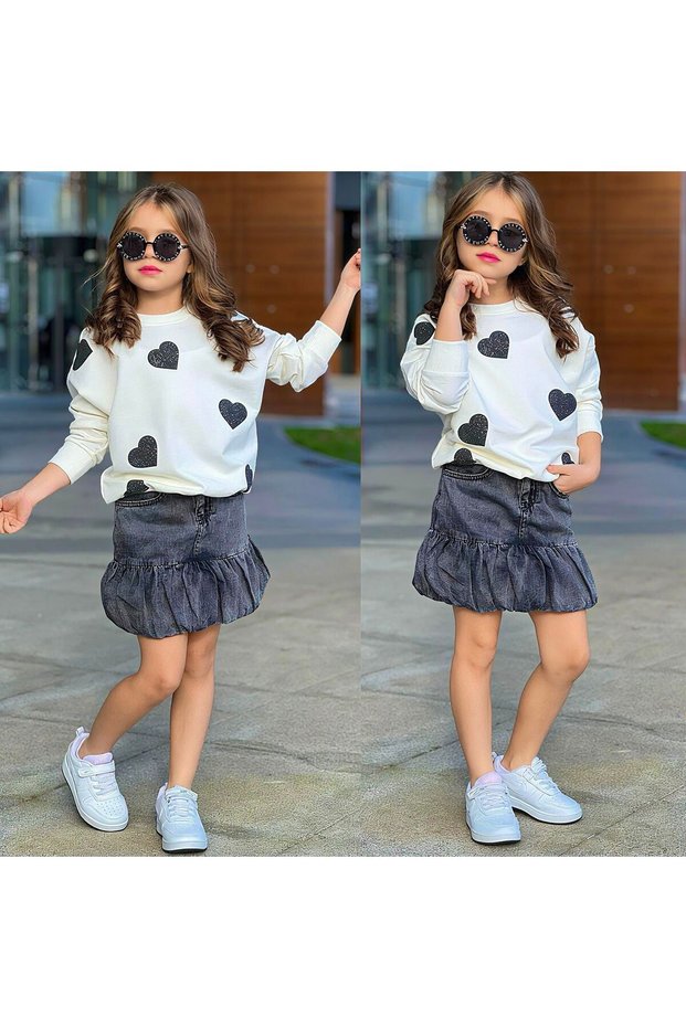 Girl's Festive Stylish Glittery Heart Sweat Balloon Skirt Top and Bottom Set