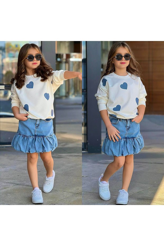 Girl's Festive Stylish Glittery Heart Sweatshirt and Balloon Skirt Top and Bottom Set