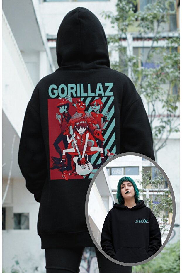 سويت شيرت Gorillaz مقاس كبير للجنسين مطبوع بغطاء رأس