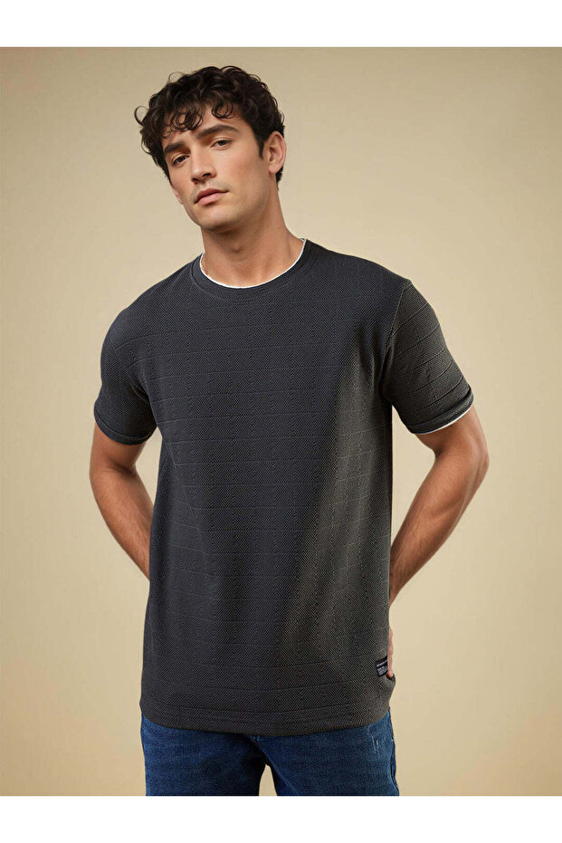 Textured Regular Fit Round Neck Charcoal T-shirt