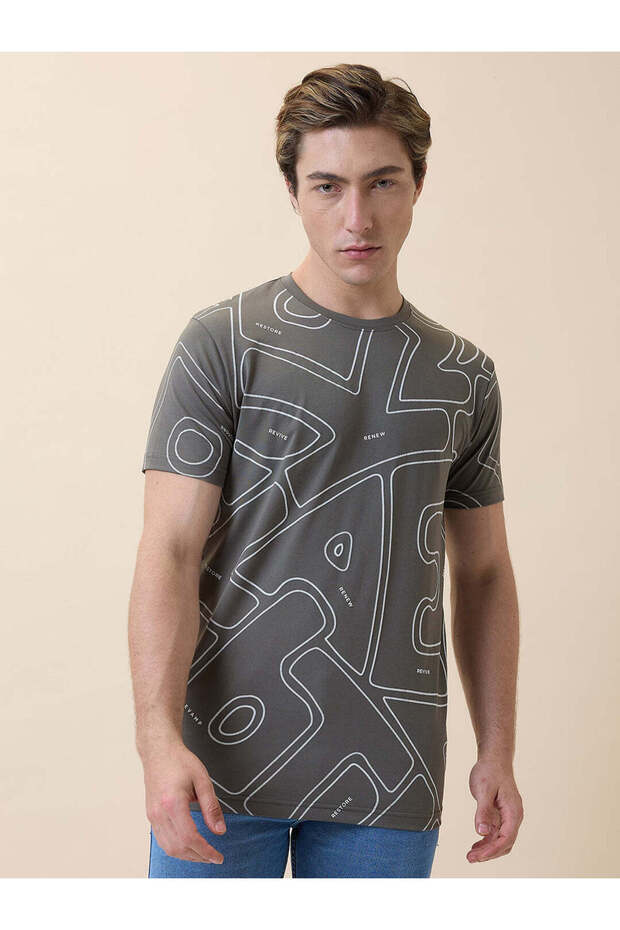 All Over Printed Round Neck Grey T-shirt