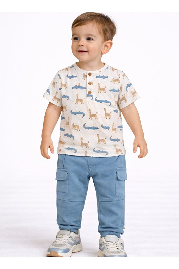 Boys 2 Pc Set “Safari Adventure” Henley Tee & Blue Cargo Jogger Set