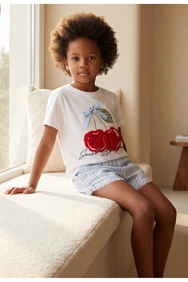 Girl's Mediterranean Cherry Embroidered Shorts Pajama Set