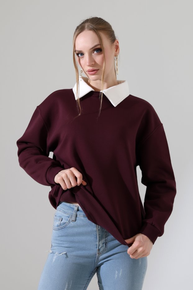 Relax Comfortable Loose Fit Wide Cut Shirt Collar Pack of Cotton Women's Sweatshirt 21985 Mürdüm