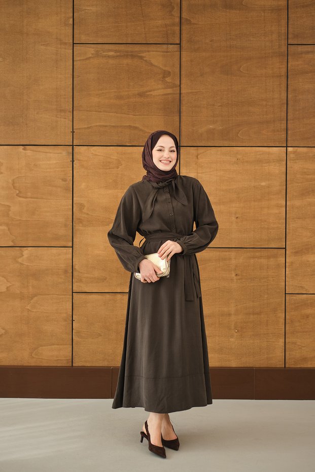 Women's Scarf Collar Detail Ribbed Modal Dress Brown