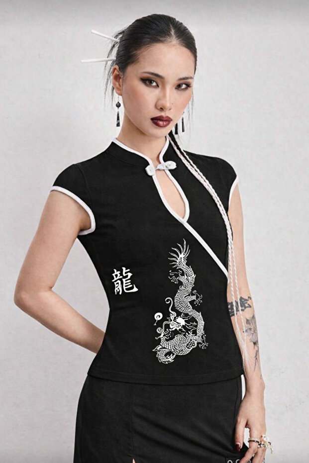 Colar Ejder Baskılı Çin Düğmeli Bluz - 4