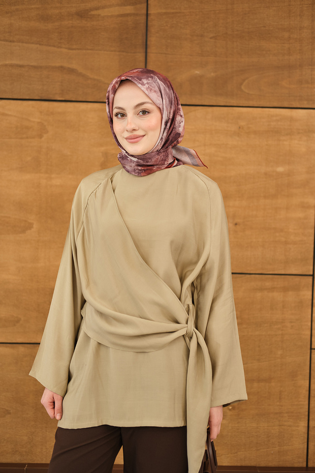 Women's Shawl Detail Side-Tie Blouse Mink