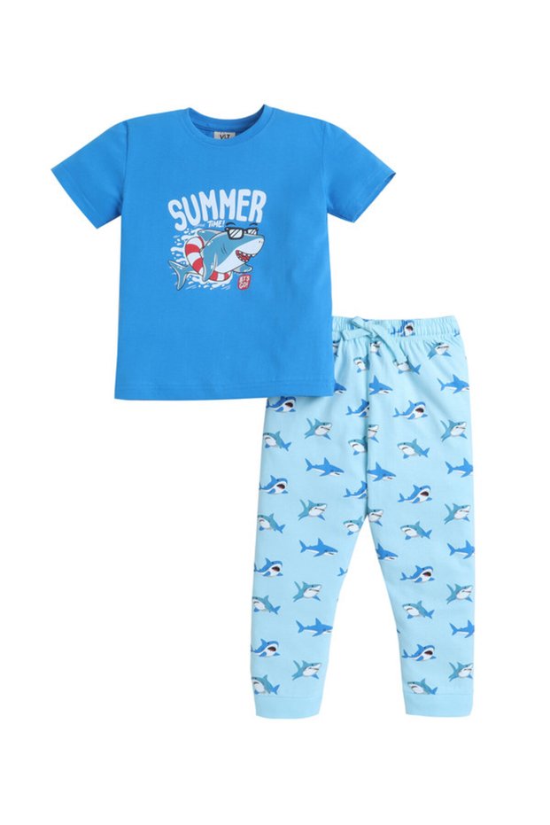 Boys “Summer” Shark Print Cotton Pajama Set – T-Shirt & Pajama Pants Nightwear
