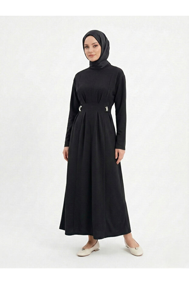Dress with Front Pencil Belt and Accessory Detail - Black