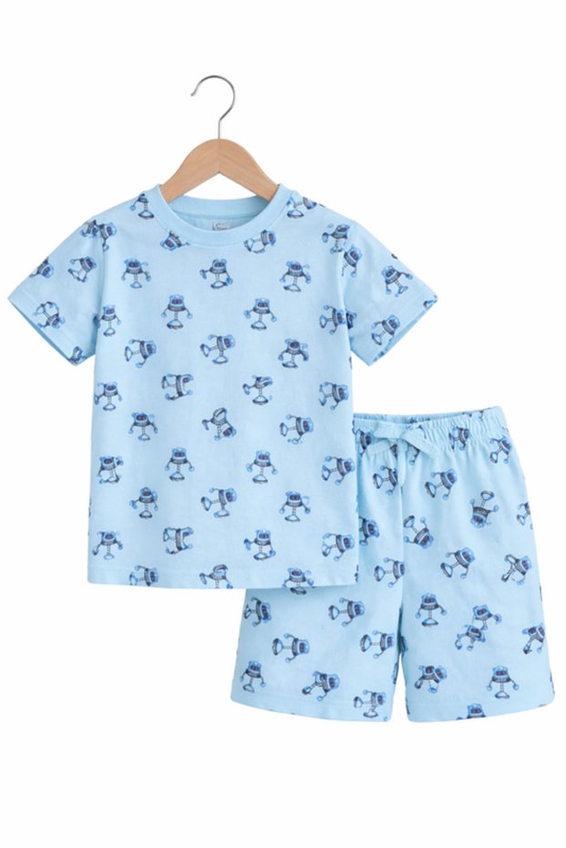 Boys Robot Print Cotton Pajama Set – T-Shirt & Shorts Nightwear
