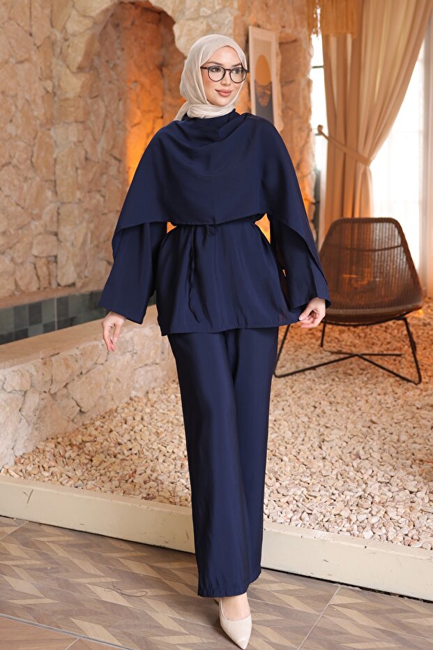 Navy Blue Shawl Detailed Tunic Pants Suit
