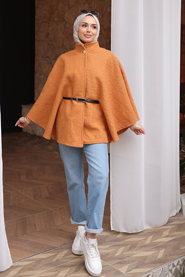 Camel Belted Boucle Poncho