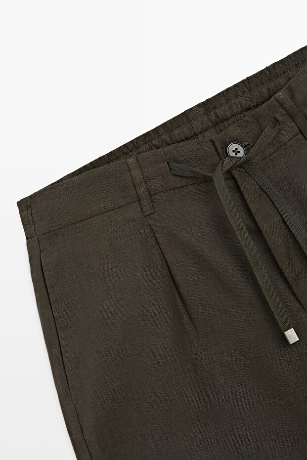 Elastik detaylı keten bermuda şort - 7