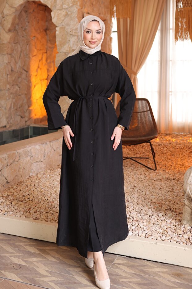 Black Oversized Button Tesla Dress