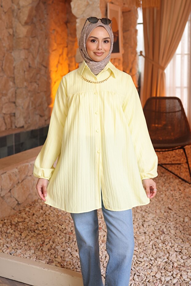 Yellow Elastic Sleeves Striped Shirt Tunic