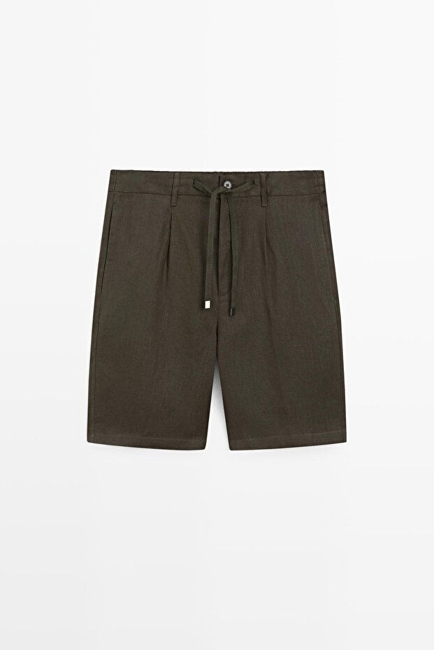 Elastik detaylı keten bermuda şort - 5