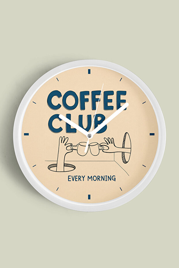 تصميم حديث مكتوب عليه ''COFFEE CLUB'' ساعة حائط للمطبخ - 30 سم - هيكل أبيض مع زجاج أمامي