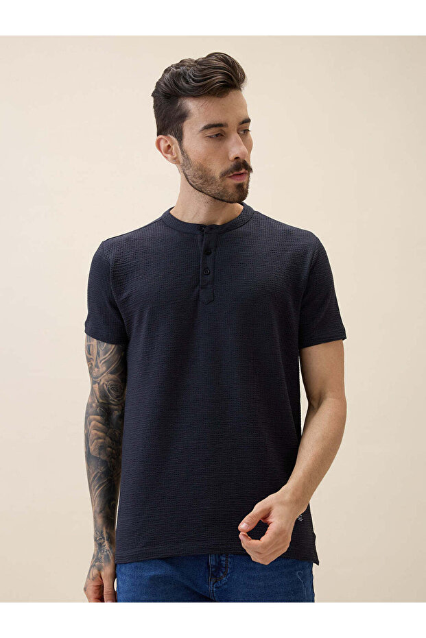 Textured Henley Neck Regular Fit Charcoal T-shirt