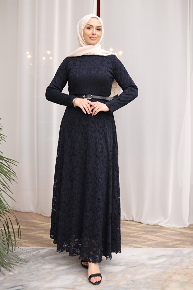 Navy Blue Bel Belt Piece Lace Piece Tulle Dress
