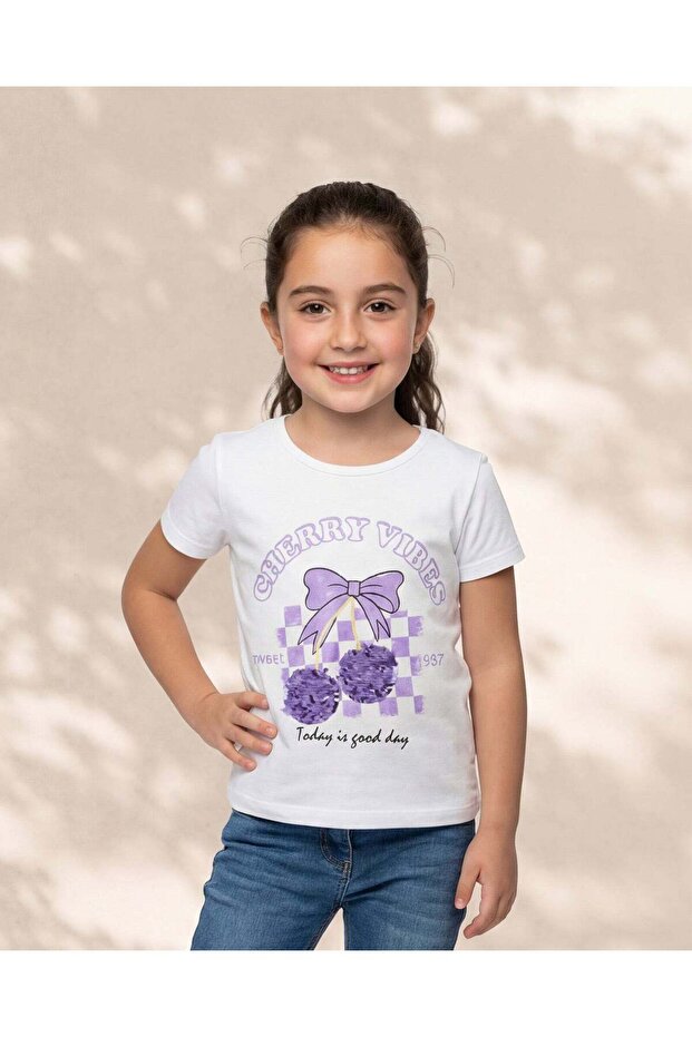 Girls White Butterfly Sequin T Shirt