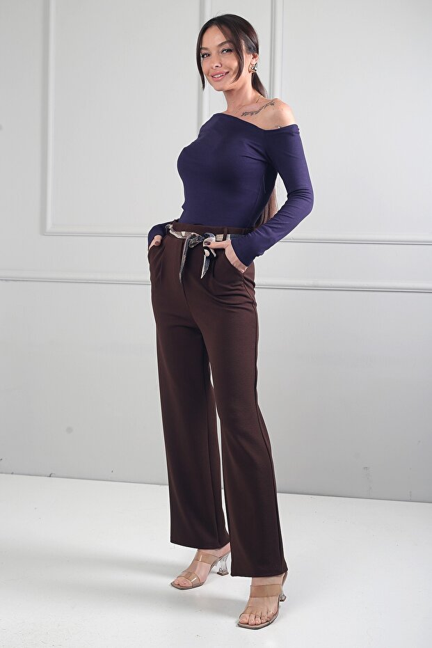 Women's Elastic Waistband Pocketed Knitted Crepe Stretch Fabric Palazzo Pants
