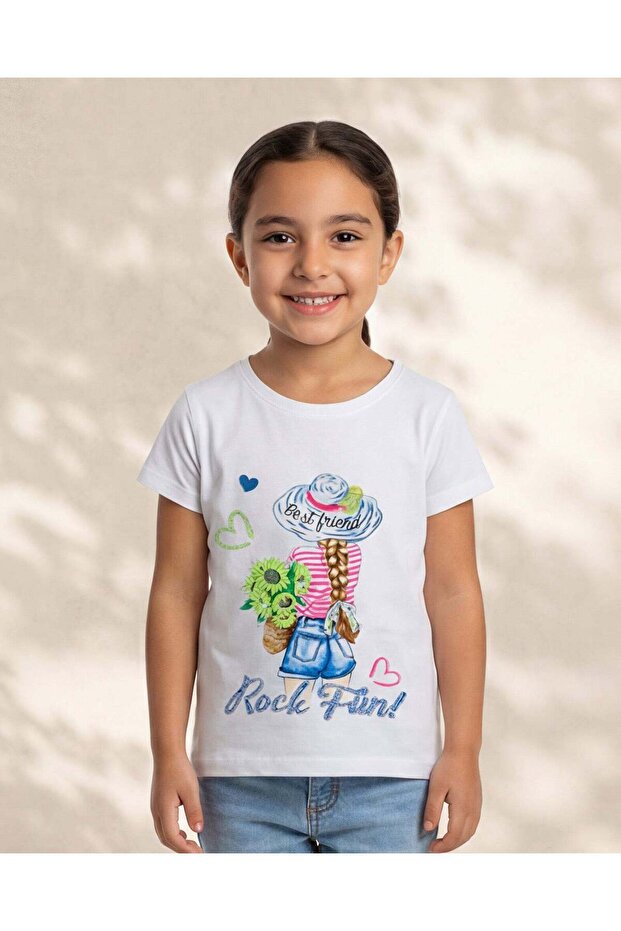 Girls White Printed T-Shirt