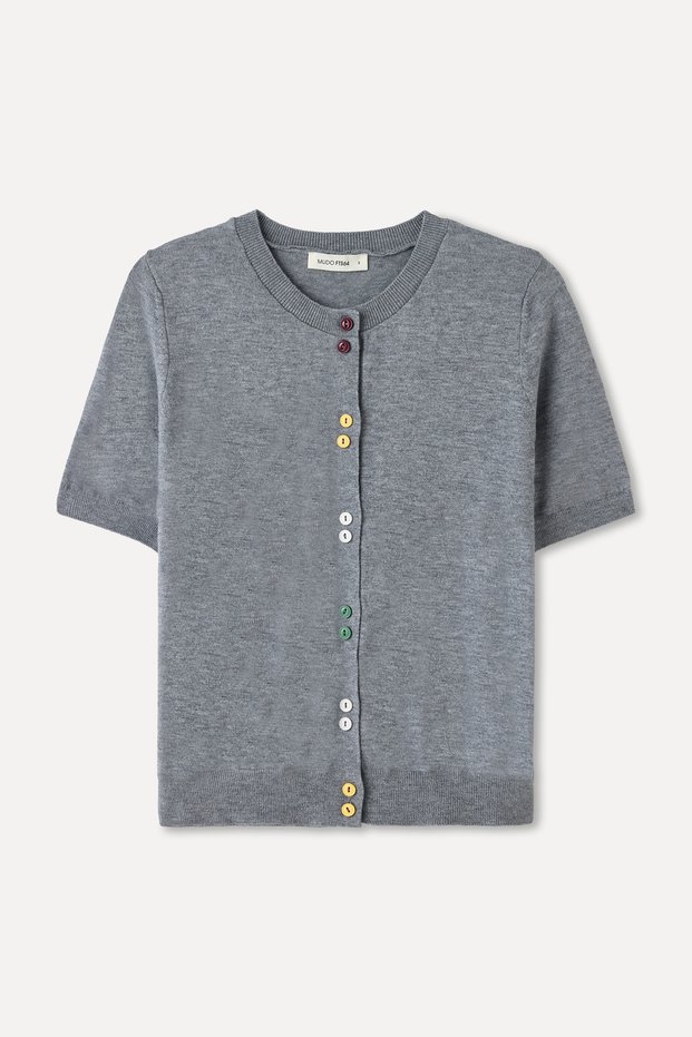 Women's Gray Melange Button Detailed Crew Neck Fitted Cardigan