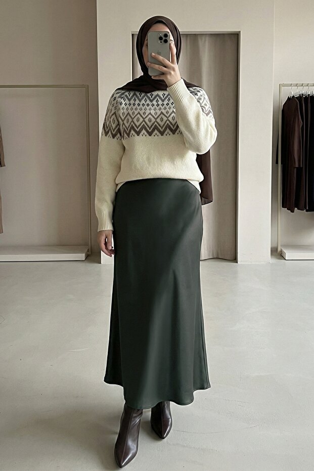 Satin Khaki Flared Skirt
