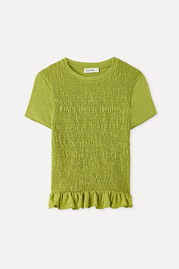 Women's Green Fitted Ruffled High Neck Short Sleeve Blouse