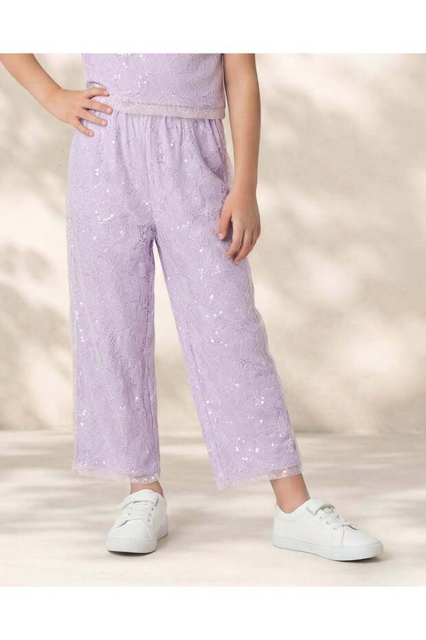 Girls Lilac Lace Sequin Wide Leg Trousers