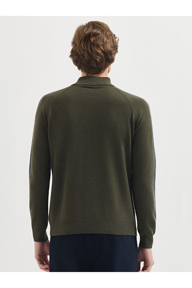 Haki Yün Karışımlı Yarım Fermuarlı Kazak - 3