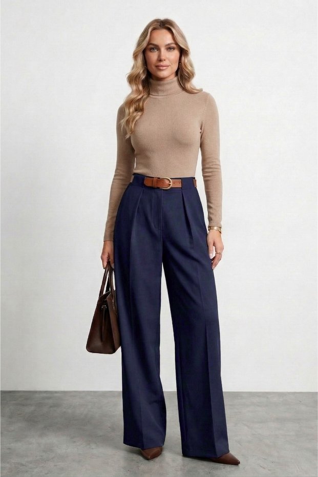 Women's Belt Pack Trousers Wide Leg Straight Navy Blue Women's Trousers