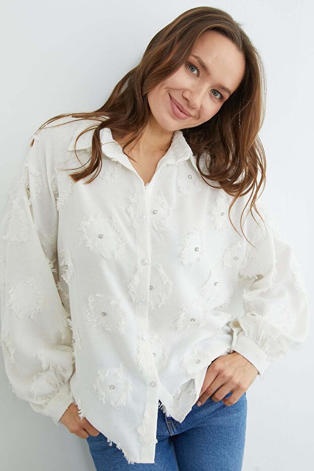 Tasseled Stone Embroidered Casual Shirt